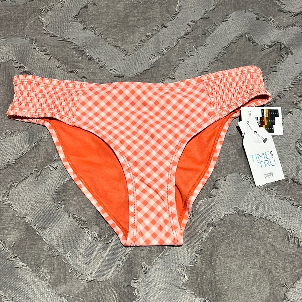 Time and Tru Women's Orange and White Checkered Mid-Rise Bikini Bottom